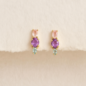 Brinco triplice Cristais e ametista ouro